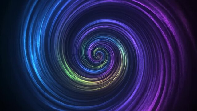 A mesmerizing, spiraling vortex of vibrant, luminous colors, transitioning from blue and purple to hints of green and yellow at its core against a dark background