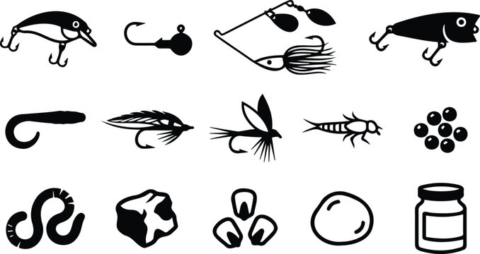 Fishing lures and baits vector icons of artificial fly spinnerbait crankbait hook tackle gear