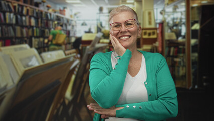 Fototapeta premium Woman smiling with hand on cheek and folded arm among bookshelves in building, wearing green cardigan and glasses; quiet contentment.