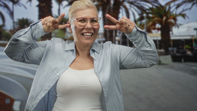 Middle aged woman smiling and flashing peace signs on street in front of palm trees; joyful celebration.