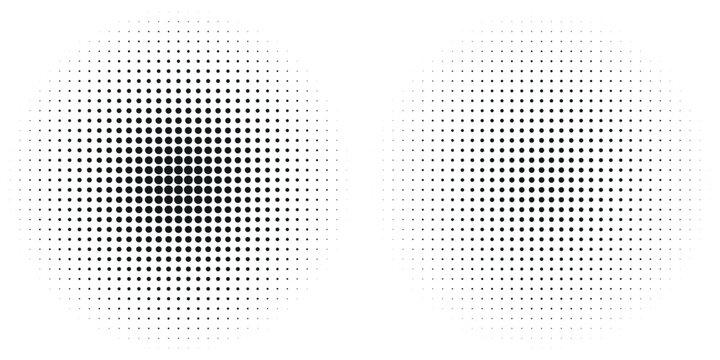 Set of halftone dots gradient pattern texture isolated on white background. Straight dotted spots using halftone circle dot raster texture.
