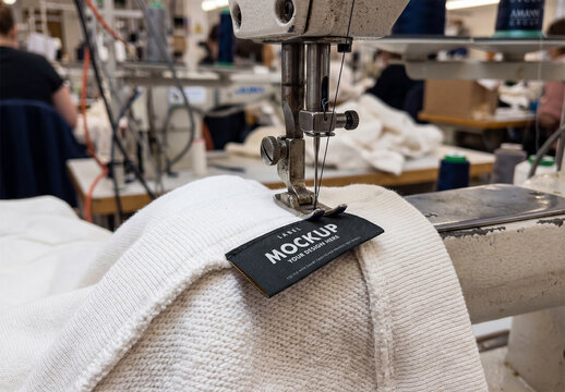 Clothing Label Mockup on Sewing Machine in Apparel Factory