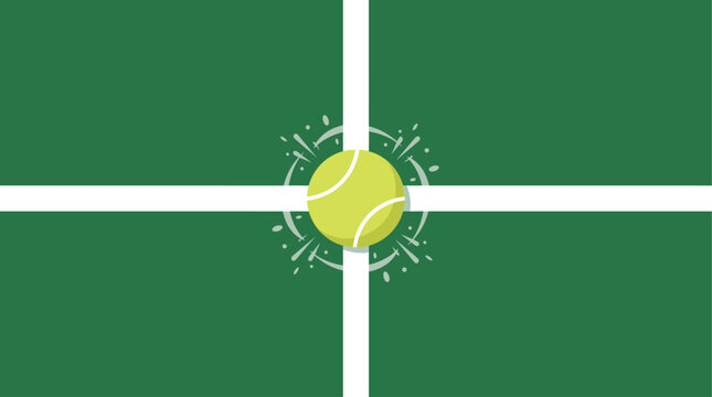 A precise flat design illustration of a tennis ball making contact with the court line, signifying an 'in' call during a match. This minimalist 2D vector emphasizes accuracy and the fine margins