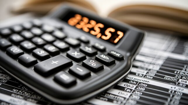 Black digital calculator displaying numerical financial data resting on detailed paper spreadsheets with soft blurred lighting
