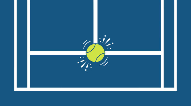 A precise flat design illustration of a tennis ball making contact with the court line, signifying an 'in' call during a match. This minimalist 2D vector emphasizes accuracy and the fine margins