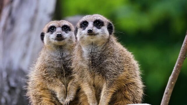 Two Alert Meerkats Standing and Watching in Nature
