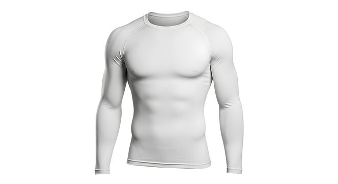 Men's White Long Sleeve Compression Shirt Mockup, Athletic Rash Guard for MMA and Fitness Training, Blank Performance Base Layer Apparel Isolated on White Background