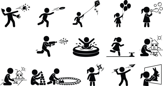 Kids Fun Activities and Summer Backyard Play Icons Set with Black Stick Figures on White Background