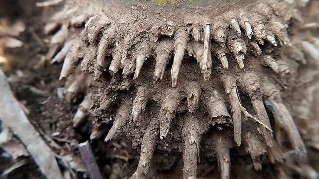 Close up showing detailed rows of static bamboo roots clustered around the base in dry conditions.
