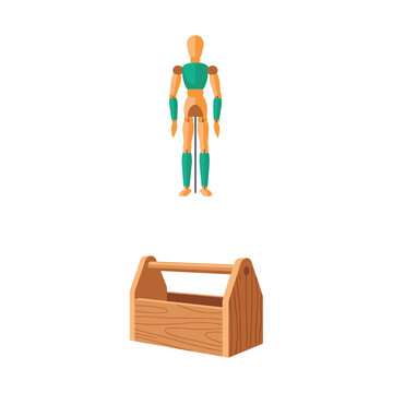 Pixel Art Wooden Mannequin And Empty Wooden Tool Box On A Clean Minimalist White Background