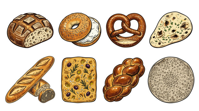 Various types of traditional artisan bread and bakery collection vector illustration