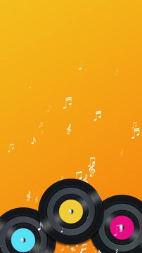 retro gramaphone discs with music notes on yellow animation, retro party musical nightclub party vertical social media motion background