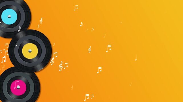 retro gramaphone discs with music notes on yellow animation, retro party musical nightclub party social media motion background