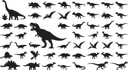 Dinosaur Silhouettes Collection, Prehistoric Reptile Icons Set, Jurassic Era Creatures Vector Graphics, Ancient Animal Shapes for Design © Farid