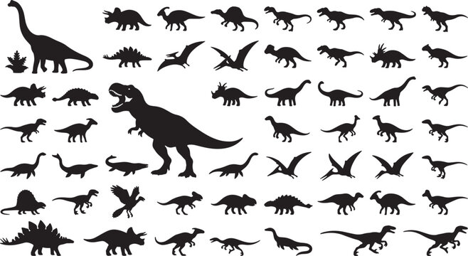 Dinosaur Silhouettes Collection, Prehistoric Reptile Icons Set, Jurassic Era Creatures Vector Graphics, Ancient Animal Shapes for Design