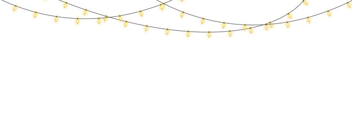 Fototapeta premium Golden Christmas garland PNG with twinkling lights and delicate sparkle. Elegant winter party string lights decoration isolated on transparent background for festive card designs.