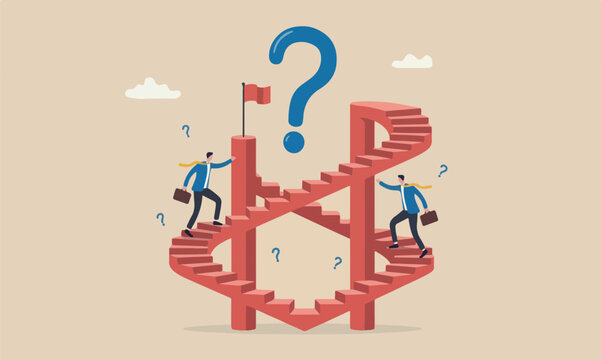 Business, pillars real, possible and impossible concept, ambitious businessman walk up stair while in paradox he walking down