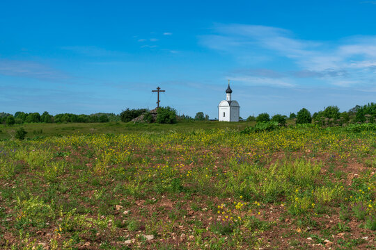Chapel of the Sovereign Icon of the Mother of God and the Cross of Worship on the Sacred Hill of the Unity of Russia on a sunny summer day, Izborsk, Pskov region, Pechersk district, Russia