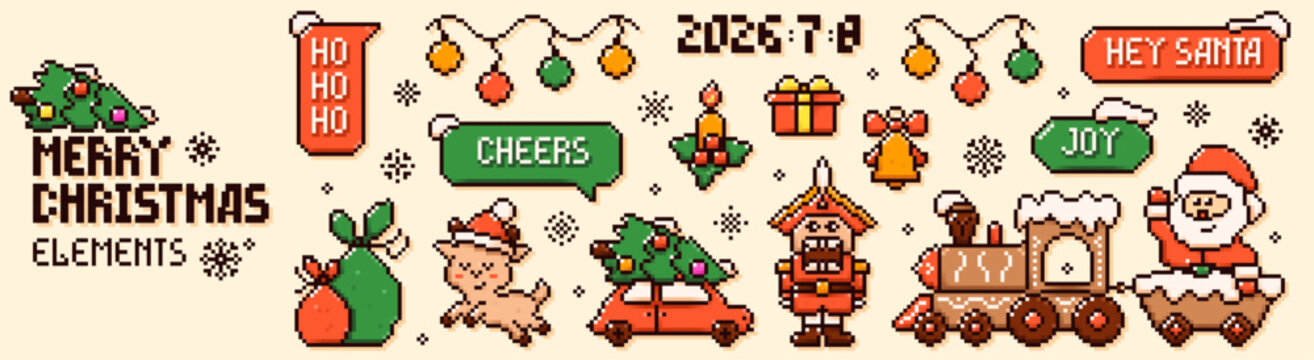 Pack with pixel art Christmas goat, holiday lights, gingerbread train, nutcracker, candle, Santa Clause . Y2k color New Year icons.