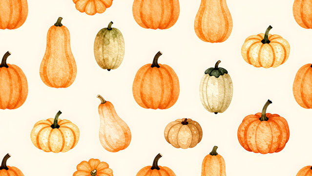 Watercolor pumpkin seamless pattern background for autumn Thanksgiving