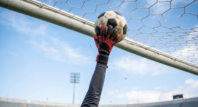 Close up of a soccer goalkeeper's gloved hand catching a flying dirty ball near the net against a blue sky. Dynamic defense action during a professional international sports championship match