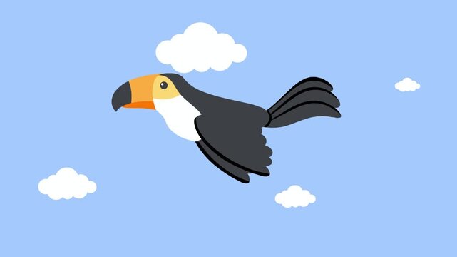 animation of toucan bird flies through blue sky with clouds freely outside.