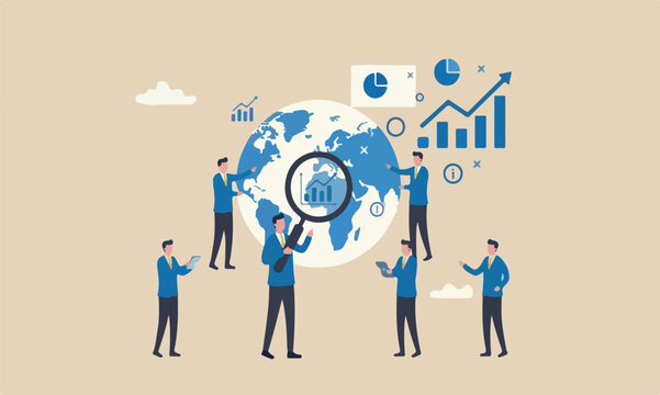 World economic, together or international business opportunity research, forecast and analyze financial information concept, businessman with magnifier on globe with chart and graph