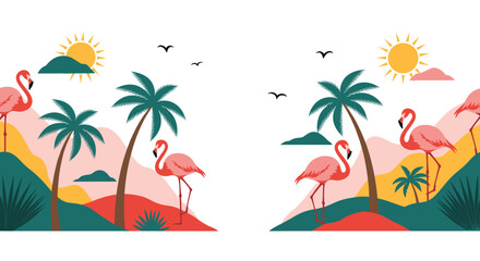 Obraz premium Tropical landscape design with pink flamingos standing among green palm trees under a bright yellow sun with mountains.
