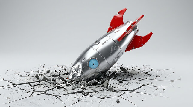 3D render of a silver toy rocket crashing down nose first into cracked floor