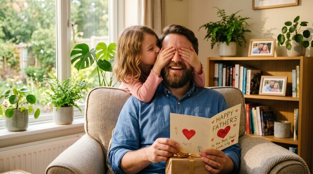 Father's day. Happy family daughter hugging dad and laughs

