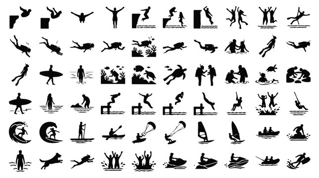 Extreme water sports silhouettes set, 60 black icons of surfing and diving activities, aquatic recreation vector symbols for travel and adventure