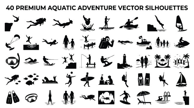 Aquatic adventure vector silhouettes, 40 premium water sports icons, scuba diving and surfing black symbols, summer vacation activity set