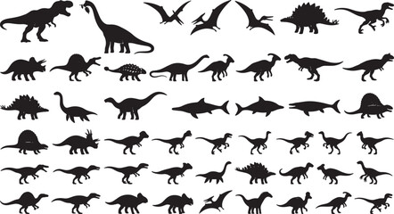Diverse Dinosaur Silhouettes Collection, Prehistoric Reptile Icons, Jurassic Era Vector Graphics, Ancient Wildlife Set © Farid