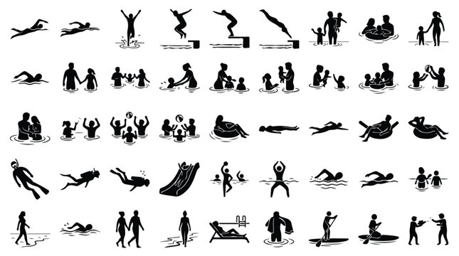 Swimming and water activities silhouette icons, set of 45 swimming people vector elements, summer pool and beach recreation symbols