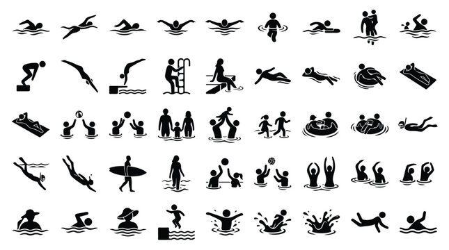 Swimming and water sports icons set, 50 black stick figure pictograms of pool activities, summer beach vacation and aquatic exercise vector silhouettes