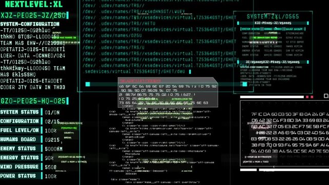 Futuristic Digital Interface with Green Code and Data on Black Screen HighTech Computer Display with Abstract Information Flow.