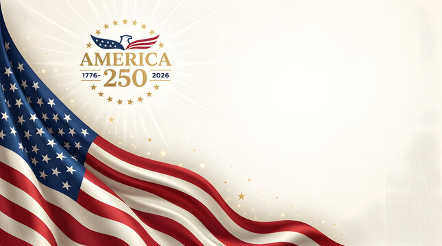 American flag waving in soft folds with 250th anniversary text on white background