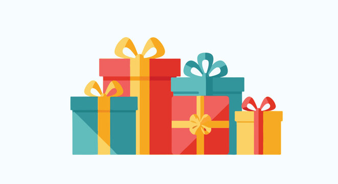 A minimalist flat vector illustration showcasing a group of colorful gift boxes tied with bright ribbons, set against a clean white background.