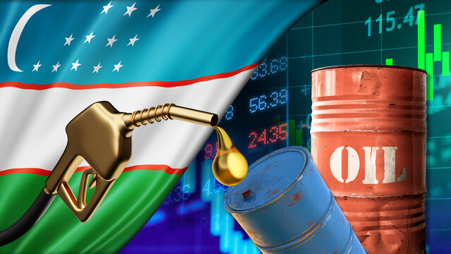 The fluctuations in Uzbek oil prices amidst the instability of the financial and economic markets are illustrated by oil barrels, fuel pumps, and data charts against a backdrop of the national flag.