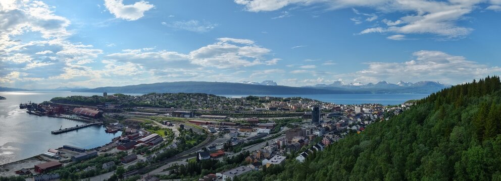 Panoramic aerial view of Narvik and Ofotfjord, Northern Norway