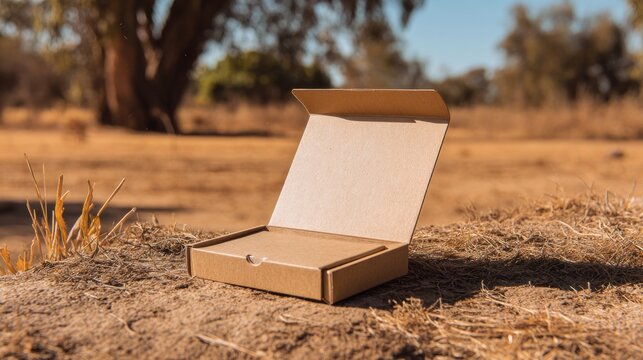 Open cardboard box in dry landscape
