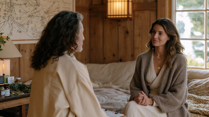 Obraz premium Naturopathic doctor and female patient seated facing each other in a wood-paneled integrative medicine consultation room, acupuncture meridian chart on the wall, an herbal