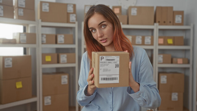 Woman holding package and presenting shipping label toward camera in building warehouse, wearing light blue shirt and surrounded by cardboard boxes and shelving; small business focused.