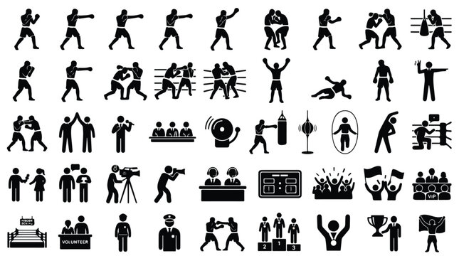Boxing icons set with 45 black silhouettes, professional boxer training and match pictograms, martial arts competition and gym equipment vector elements