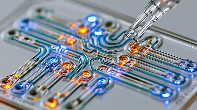 Scientific pipette injecting liquid into a glowing microfluidic device for advanced medical research laboratory analysis