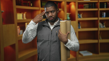 Man holding rolled blueprints and cardboard tubes makes two fingers gesture toward his temple amid wood bookshelves in a building  thoughtful planning. © Krakenimages.com