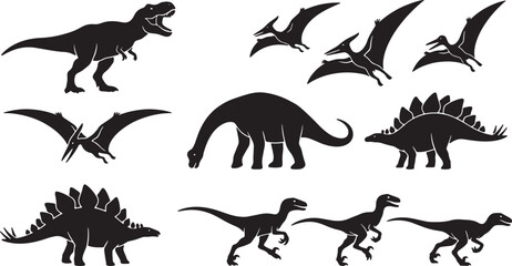Dinosaur Silhouette Collection: Tyrannosaurus Rex, Pterodactyl, Stegosaurus, Brontosaurus, Raptor Icons for Prehistoric Themes © Farid