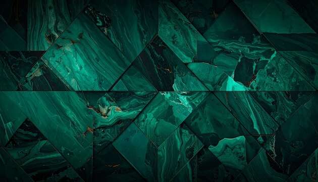 Dark emerald green marble wall with geometric tiles and luxurious finish