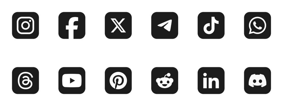 Grid of black-and-white social media app icons on a clean background, featuring recognizable symbols for networking, messaging, video, and sharing.