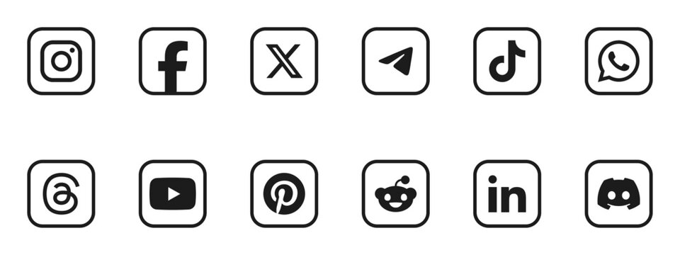 Collection of black and white social media and messaging app icons in rounded squares, arranged in two rows on a clean white background.